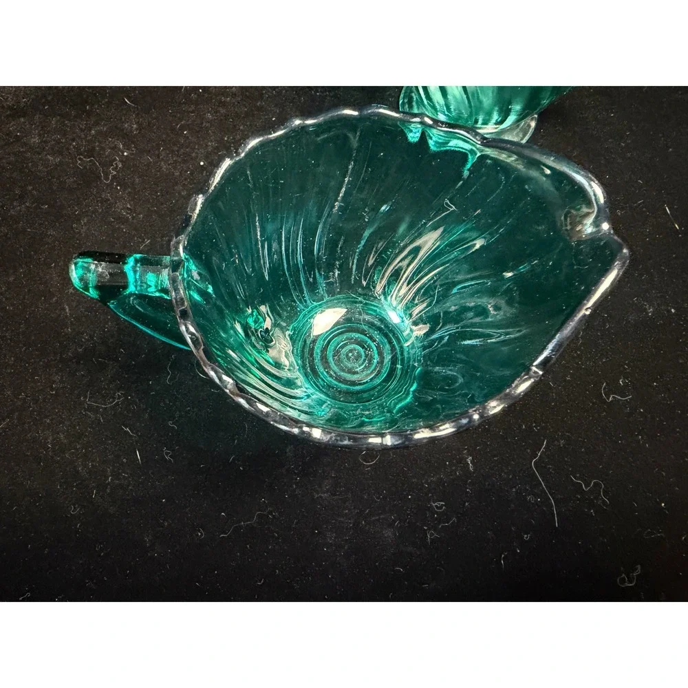 Vintage Teal Blue Green Swirl‎ Glass Creamer and Sugar Bowl Set Scalloped Edge